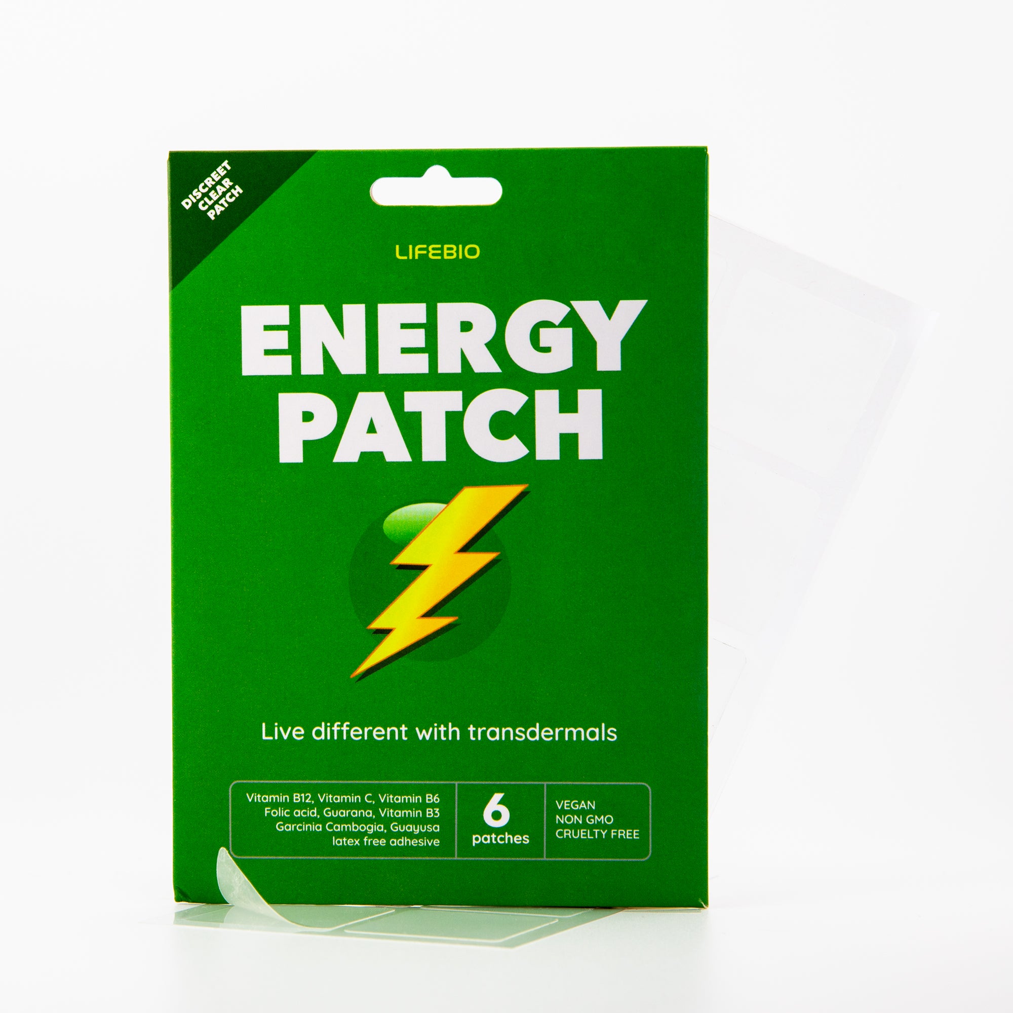 Energy Patch UK – topical non-ingestible patch with vitamins and botanical extracts, Packaging for Energy Patch – latex-free adhesive, vitamin B complex, Applying topical Energy Patch to upper arm – easy daily use