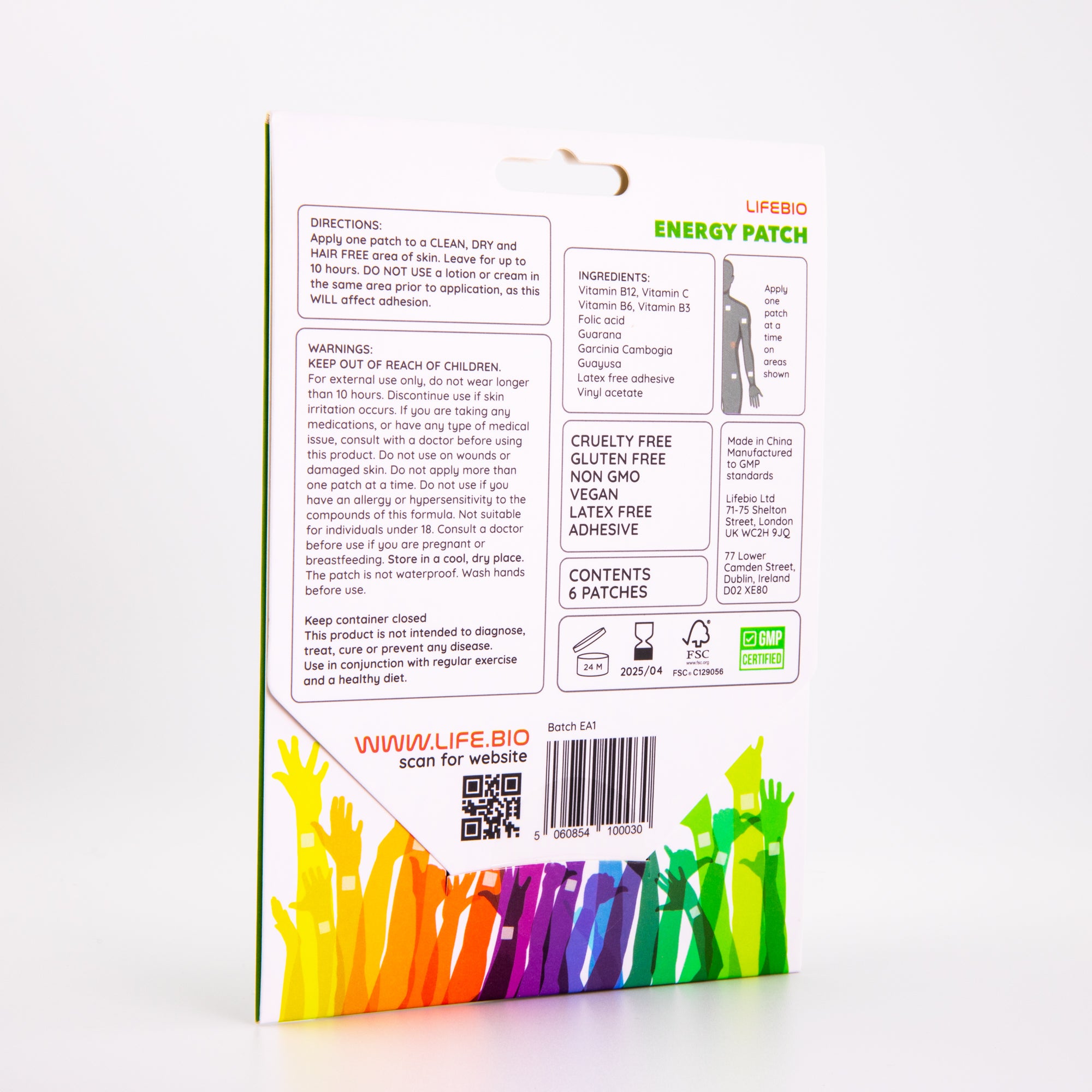 Energy Patch UK – topical non-ingestible patch with vitamins and botanical extracts, Packaging for Energy Patch – latex-free adhesive, vitamin B complex, Applying topical Energy Patch to upper arm – easy daily use