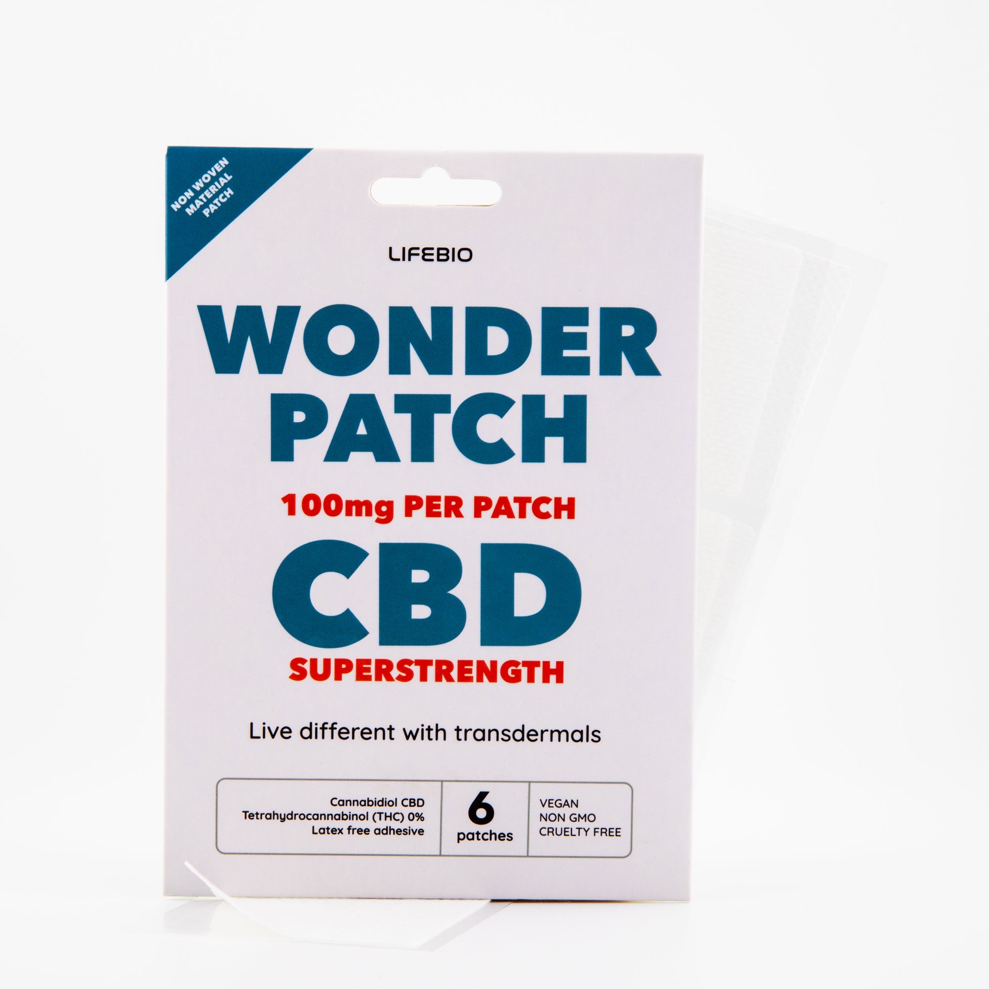 100mg topical transdermal CBD patch – formulated in the UK, non-ingestible, Packaging for 100mg CBD Wonder Patch – THC-free, topical CBD patch,