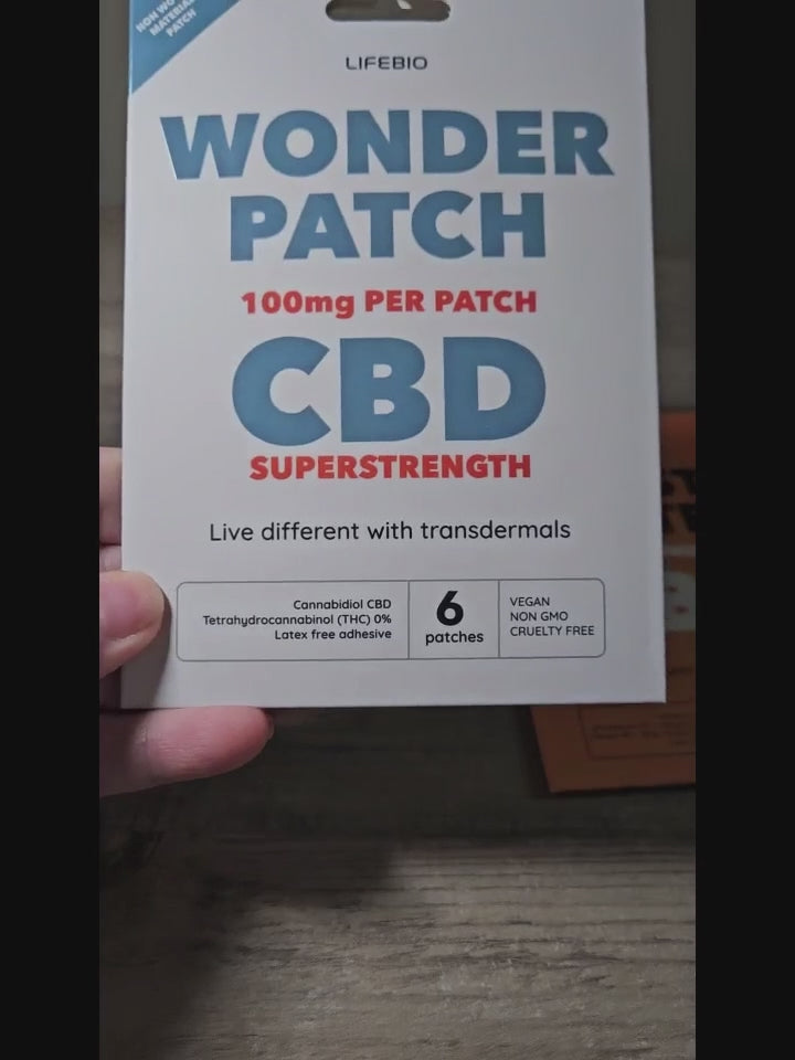 100mg topical transdermal CBD patch – formulated in the UK, non-ingestible, Packaging for 100mg CBD Wonder Patch – THC-free, topical CBD patch, Applying CBD patch to upper arm – discreet and wearable